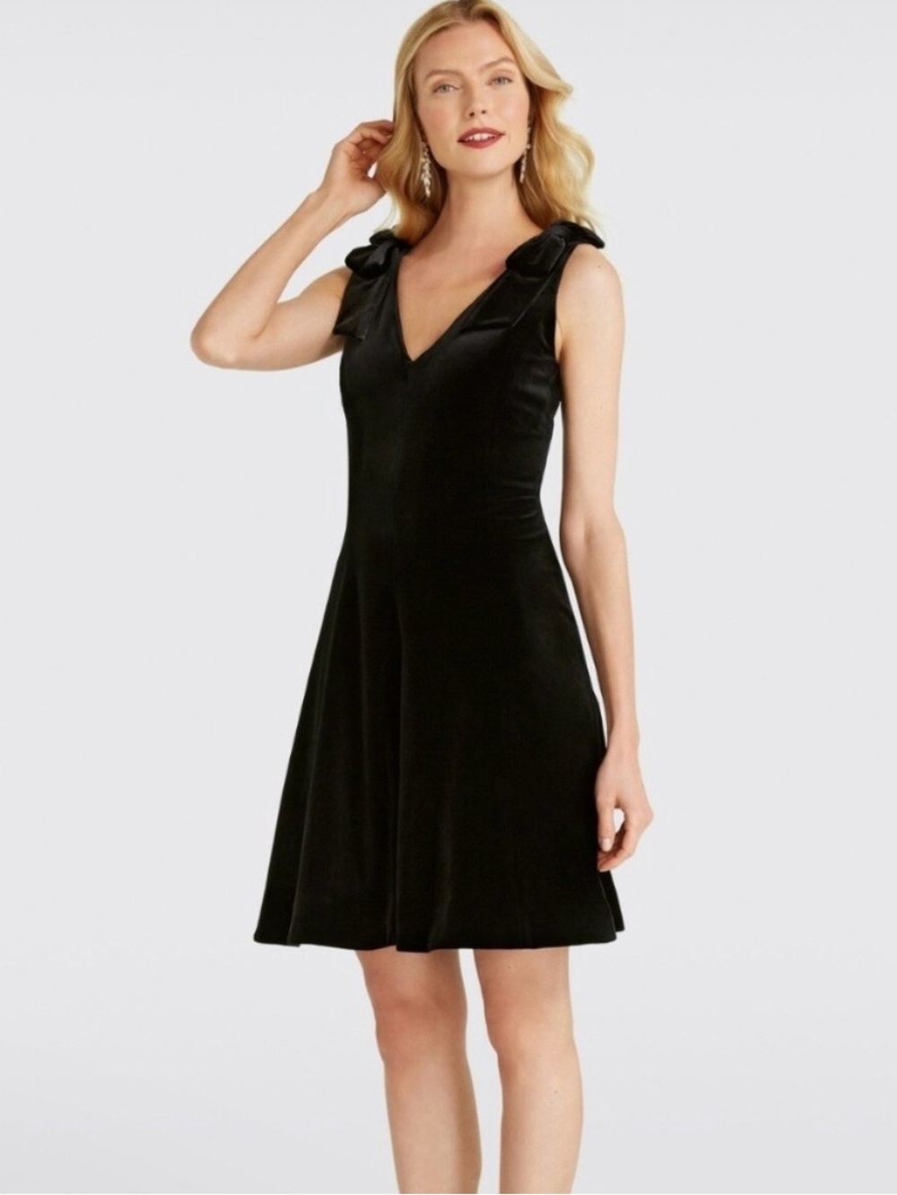 Draper James Black Velvet V-Neck Mini Dress with Shoulder Bows